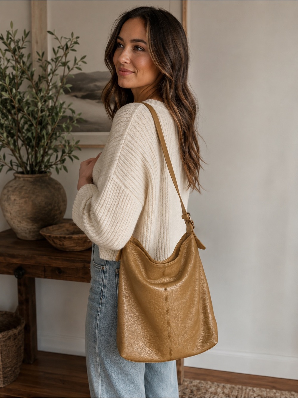 Kate Landry Pebbled Leather Shoulder Bag - Camel Tan
